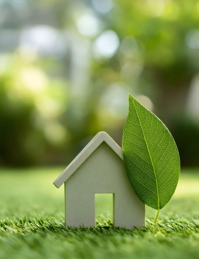 Kleines Modellhaus neben einem großen grünen Blatt auf einer Wiese – Symbol für ein nachhaltiges Zuhause