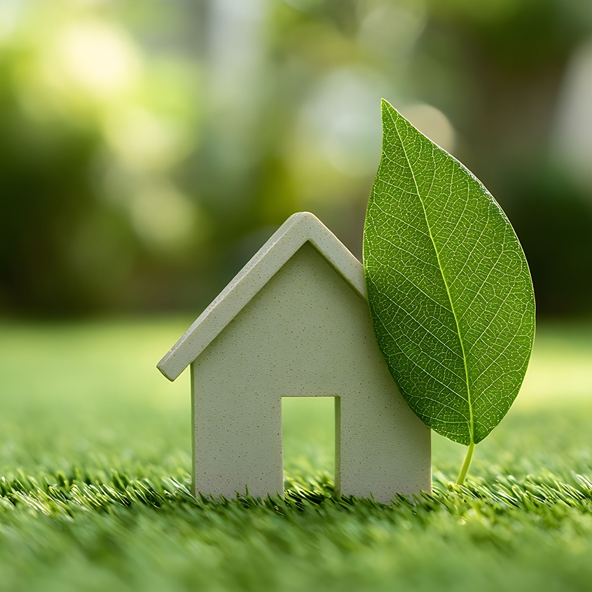 Kleines Modellhaus neben einem großen grünen Blatt auf einer Wiese – Symbol für ein nachhaltiges Zuhause